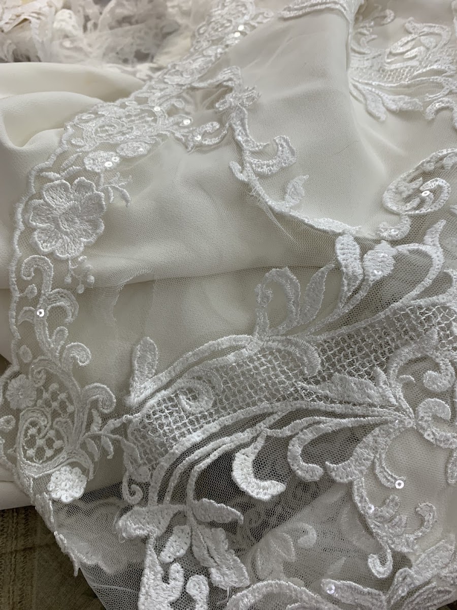 Close-up of intricate white lace fabric with sequins